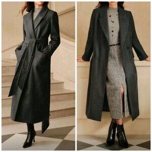 New Luxe Double Breasted Tie Waist Maxi Coat Dark Gray